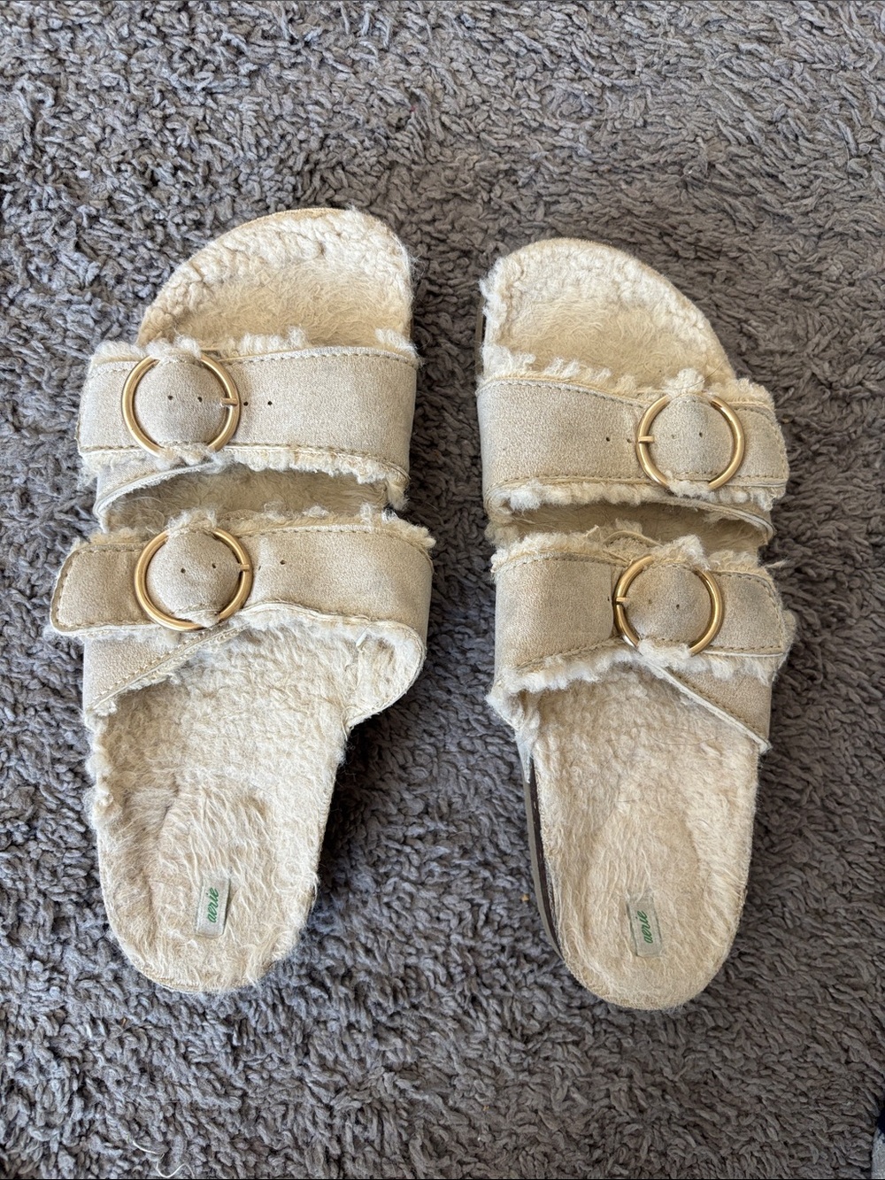 aerie Cream Slide Sandals with Gold Buckles
